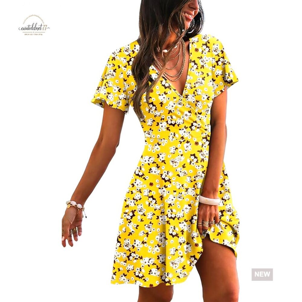 Wrap V-Neck A-Line Dress with Ruffle Sleeves, Summer Casual Sundress